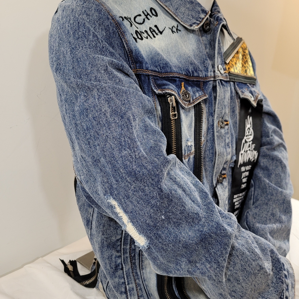 Cult Individuality  Biker Jean Jacket With Rhinestoned Skull & Studded  XL $499 - Picture 4 of 12